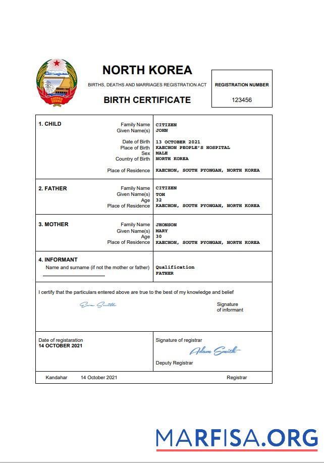 Downloadable North Korea birth certificate Word and PDF template